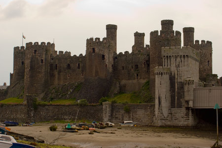The rear walls of Conwy Castle from the estuary, Conwy, Walesの写真素材