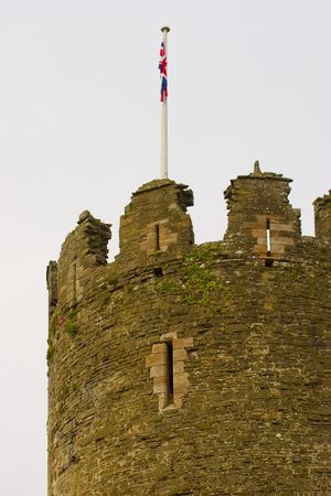 Detail of the round tower of Conwy castle, snowdonia, Walesの写真素材