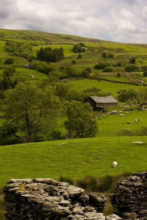A barn nestled amongst green pastures on a welsh hillside
