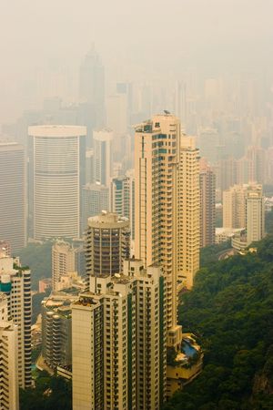 The high rise towers of Hong Kong in the mistの写真素材