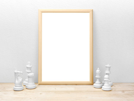 Blank frames mockup on wooden floor with chess