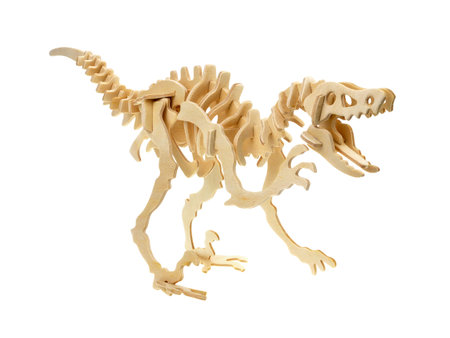 Wooden toy dinosaur skeleton isolated on white background, Wooden dinosaur crafts.の写真素材