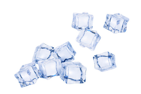 Many ice cubes in air isolated on white background, Artificial acrylic ice cubes