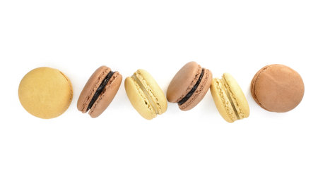 Pile of macaron cookies isolated on white backgroundの写真素材