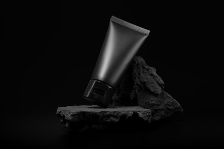 Black plastic cream tube with stone for mockup on black background. Selective Focus.の写真素材