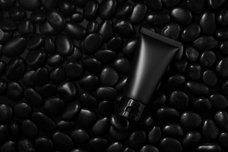 Black plastic cream tube with stone for mockup on black background. Selective Focus.の写真素材