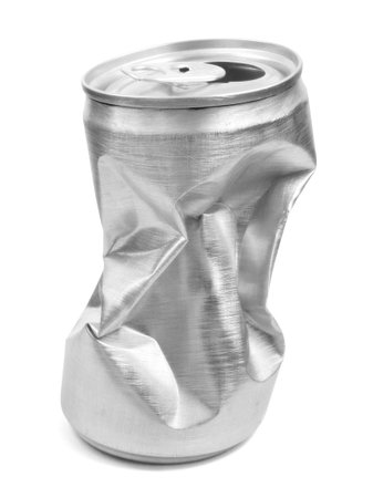 Crumpled empty blank aluminium can isolated on white backgroundの写真素材