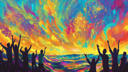 Australia Day celebration, abstract coastal scenery with glowing ocean waves, fireworks in the sky, and silhouettes of people celebrating, vibrant and cheerful --chaos 15 --ar 16:9 --v 6.1 Job ID: 870570f6-8ad1-4a99-81bb-7096cff55a44の素材