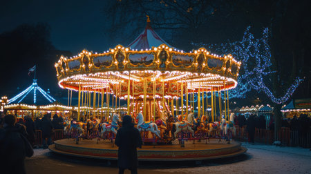 Winter night carnival, glowing carousel lights, frosted decorations, and vibrant swirling patterns creating a lively and festive atmosphere --chaos 15 --ar 16:9 --v 6.1 Job ID: 4b764812-75ee-4624-9a91-beaeea84430fの素材
