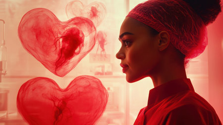 Woman profile, red hearts, science lab.の素材