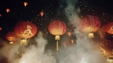 Chinese New Year festival, vibrant red and gold lanterns glowing against a dark night sky, intricate dragon motifs and sparkling decorative patterns, festive and cultural design --chaos 15 --ar 16:9 --v 6.1 Job ID: e3e1b788-b807-4ed8-a167-a35e8023849cの素材