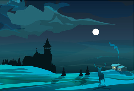 Moonlight scene with trees, house, deer, and castleのイラスト素材