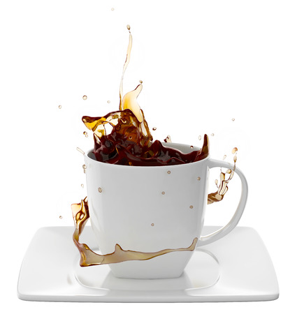 cup of coffee splash isolated on white backgroundの写真素材