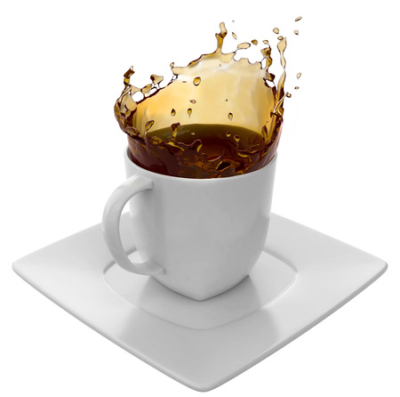 cup of coffee splash isolated on white backgroundの写真素材