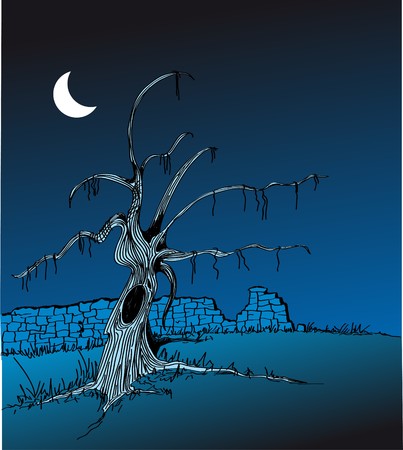 blue landscape with dead tree at nightのイラスト素材