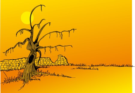 orange landscape with dead tree at nightのイラスト素材