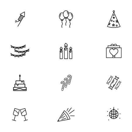 party birthday icon set outline style for your design. such as firework, party, rocket,Ballon party,Hat party icon,decoration party,candle,gift,disco lights partyのイラスト素材