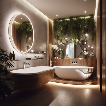 Bathroom interior with wooden bathtub and mirror. 3D Renderingの素材