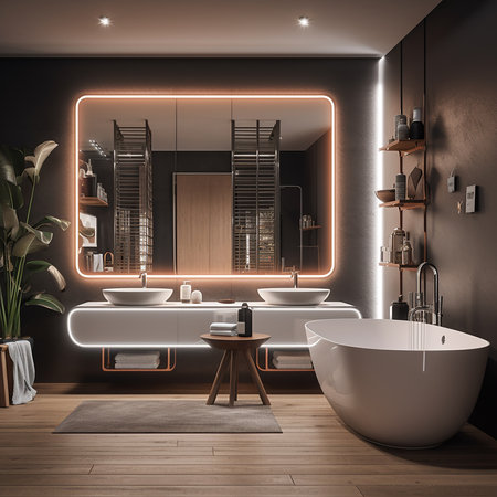 Modern bathroom interior with black and brown walls, wooden floor, white bathtub and double sink with mirror. 3d renderingの素材