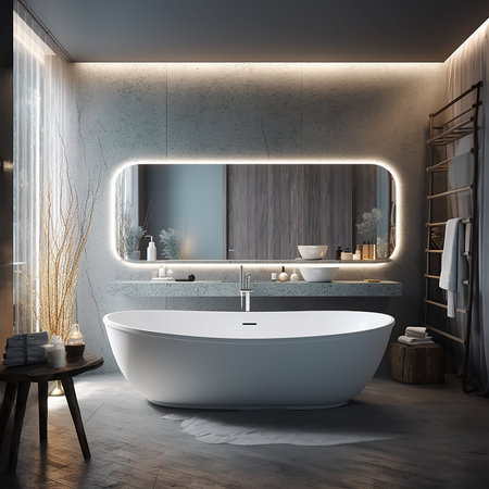 Interior of modern bathroom with gray and wooden walls, concrete floor, comfortable white bathtub and round mirror. 3d renderingの素材