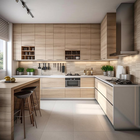 3d rendering wooden kitchen in a modern house with a beautiful designの素材