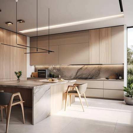Corner of modern kitchen with white walls, tiled floor, white countertops and wooden cupboards. 3d renderingの素材