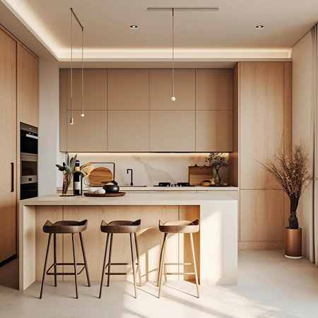 Interior of modern kitchen with beige and wooden walls, concrete floor, white countertops and bar with stools. 3d renderingの素材
