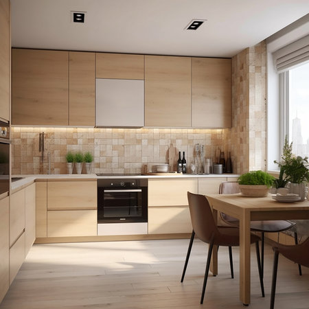 3d Illustration of white modern kitchen in a house with a beautiful designの素材
