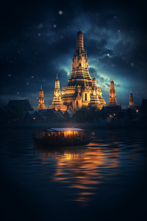 Temple of Dawn at night with reflection in the river, Thailandの素材