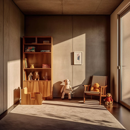 3d rendering of a children's room with a wooden furniture.の素材