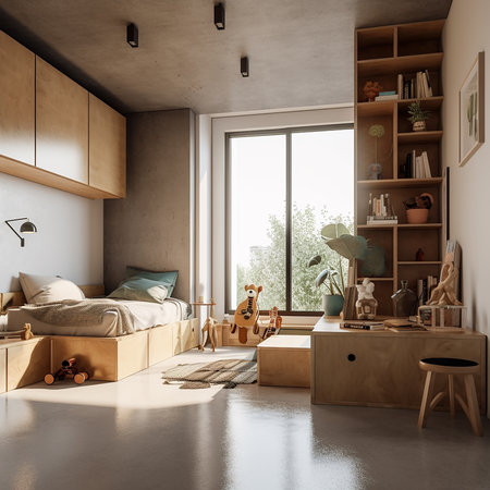 Interior of modern kids room with white walls, concrete floor, wooden furniture and window with countryside view. 3d renderの素材