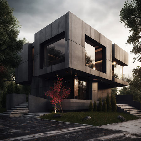Modern house in the evening. 3d rendering, 3d illustration.の素材