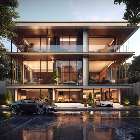 3d rendering of modern cozy house with garage and pool for sale or rent.の素材