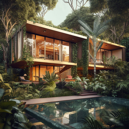 3d rendering of modern cozy house with pool and parking for sale or rent in beautiful tropical garden.の素材