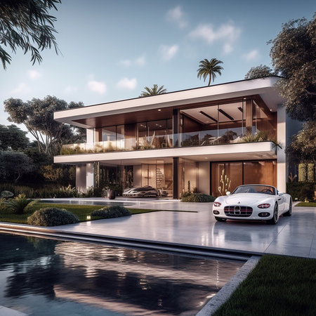 3d rendering of modern cozy house with pool and parking for sale or rent in luxurious style.の素材