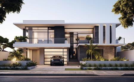 3d rendering of modern cozy house with garage and pool for sale or rent in luxurious style. Clear sunny summer evening with blue sky.の素材
