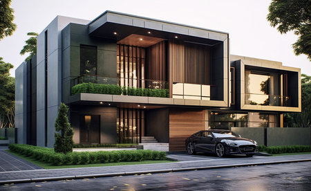Modern house exterior with a black car. 3d rendering mock upの素材