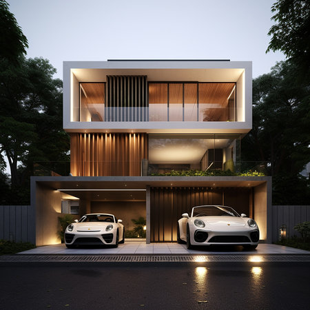 3d rendering of modern cozy house with garage and pool for sale or rent with wood plank facade. Clear summer night with shiny white clouds.の素材