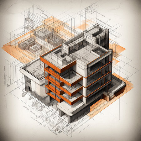Architectural sketch of a multi-storey building. Vector illustrationの素材