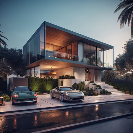 3d rendering of modern house with garage and pool for sale or rentの素材