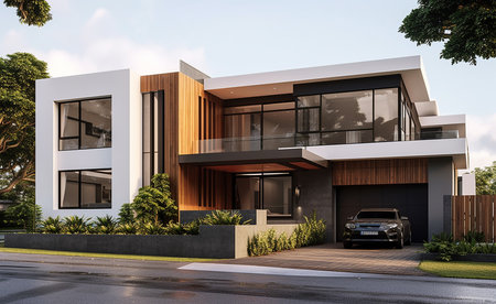 3d rendering of modern cozy house with garage and pool for sale or rent in luxurious style.の素材