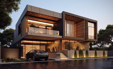 3d rendering of modern cozy house with parking and pool for sale or rent. Black car on parking. Clear sunny summer evening with blue sky.の素材
