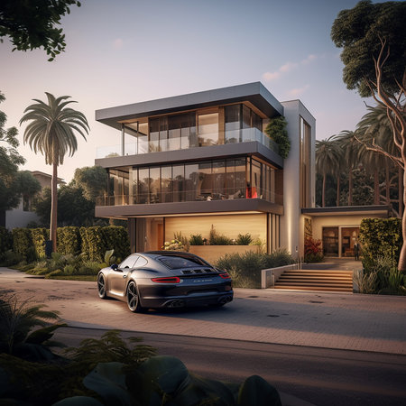 Modern house with a sports car in the foreground. 3d renderingの素材