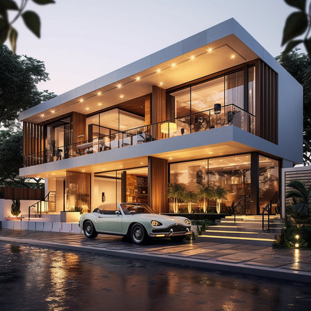 3d rendering of modern cozy house with pool and parking for sale or rent.の素材