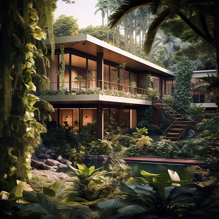3D rendering of a luxury villa in a tropical jungle.の素材