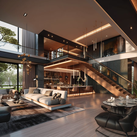 3d rendering luxury living room and dining room in modern house with beautiful landscapingの素材