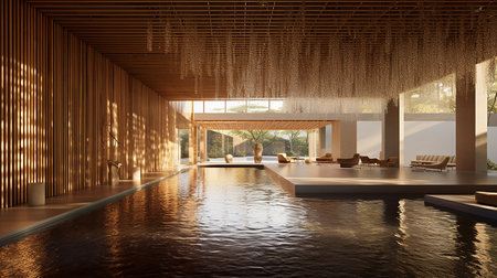 Interior of modern villa with swimming pool. 3d renderingの素材