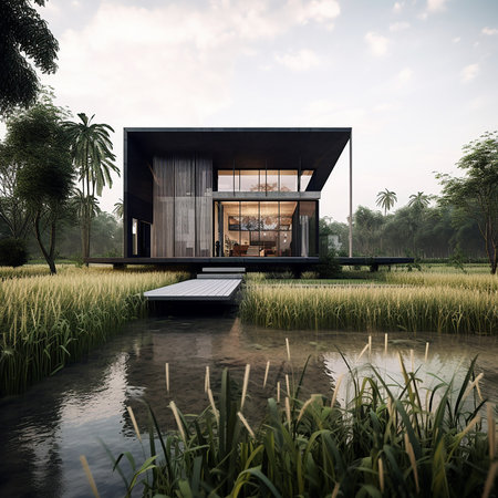3d rendering of modern cozy house in the countryside with pool and beautiful landscapingの素材
