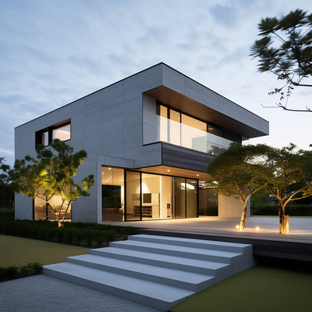 3d rendering of modern cozy house with garage and pool for sale or rent with beautiful landscaping on background. Clear summer evening with blue sky.の素材