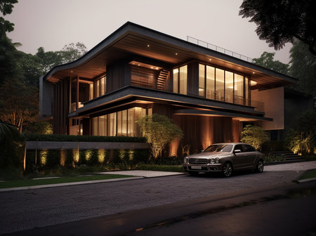 3d rendering of modern cozy house with parking and pool for sale or rent. Black car parked in front of luxurious villa.の素材
